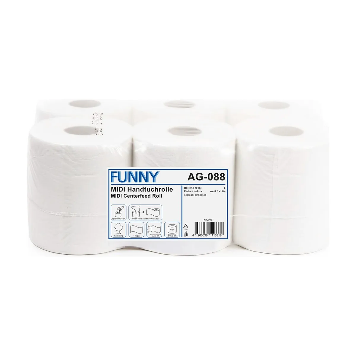 Funny MIDI Handtuchrolle, 1-lagig, 100% recycling, weiß, 19 x 22 cm, Ø 19 cm – FUNNY – Innenzugrollen
