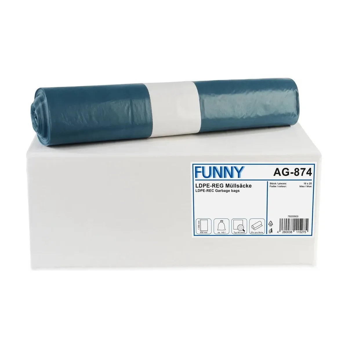 Funny LDPE-Regenerat Müllsäcke, blau, Typ 60 extra - 140 l - 250 Stück – Funny – Müllsäcke