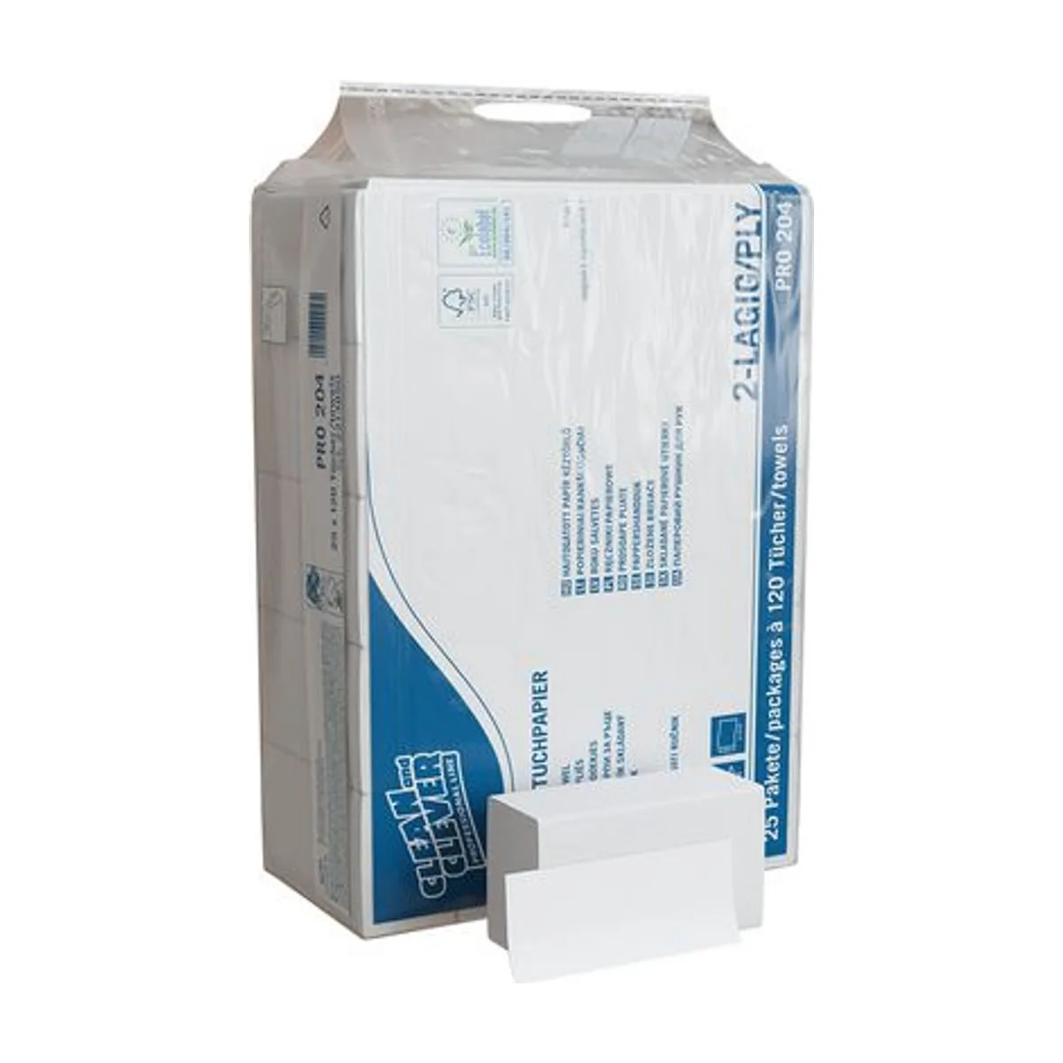 PRO204 Falthandtuch 20,6 x 32 cm hochweiß 2-lagig Zellstoff 25 x 120 Tücher W-Falz – CLEAN and CLEVER PROFESSIONAL – Multifol