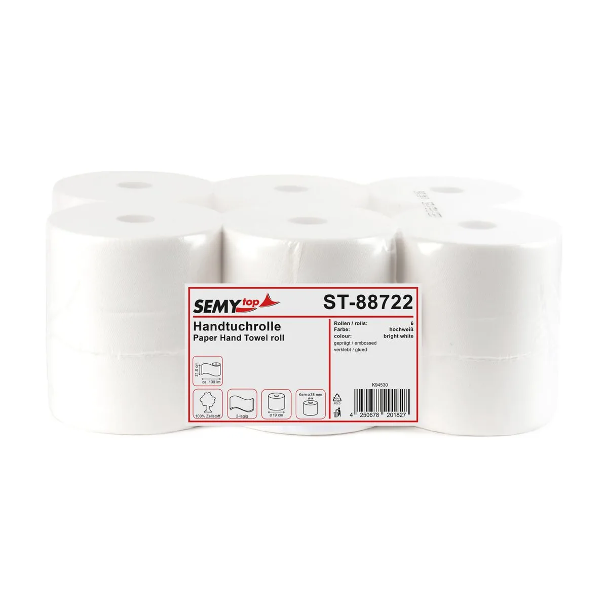 SemyTop Handtuchrolle, 2-lagig, 100% Zellstoff, hochweiß, 21 cm, Ø 19 cm, 130 m – SemyTop – Autocut-Rollen