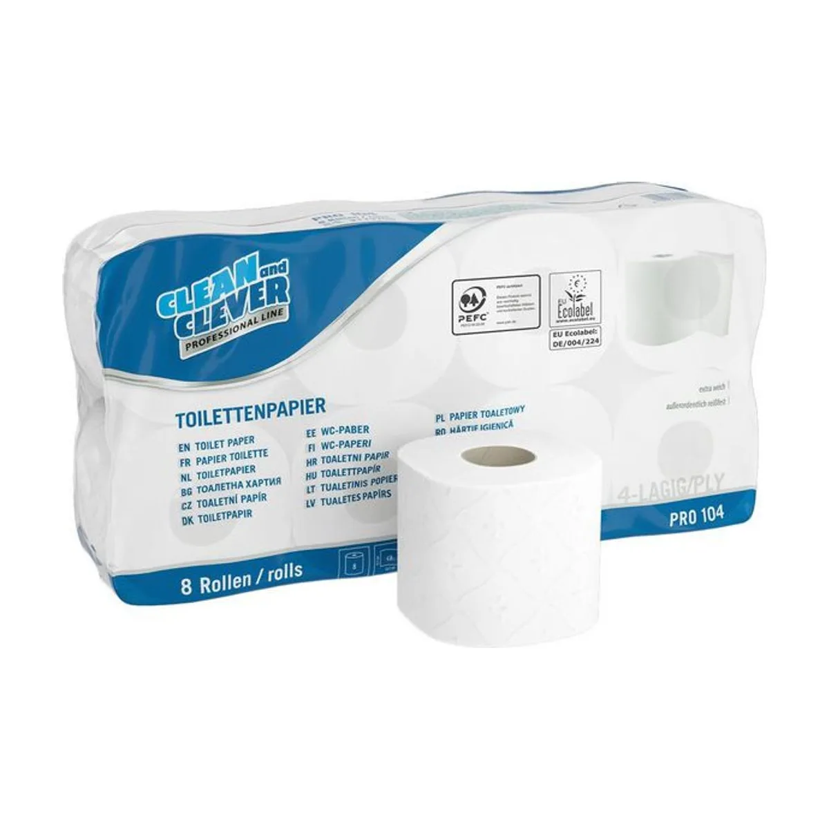 PRO104 Toilettenpapier, 4-lagig 150 Blatt (9 x 8 Rolle), Zellstoff – CLEAN and CLEVER PROFESSIONAL – Kleinrollen