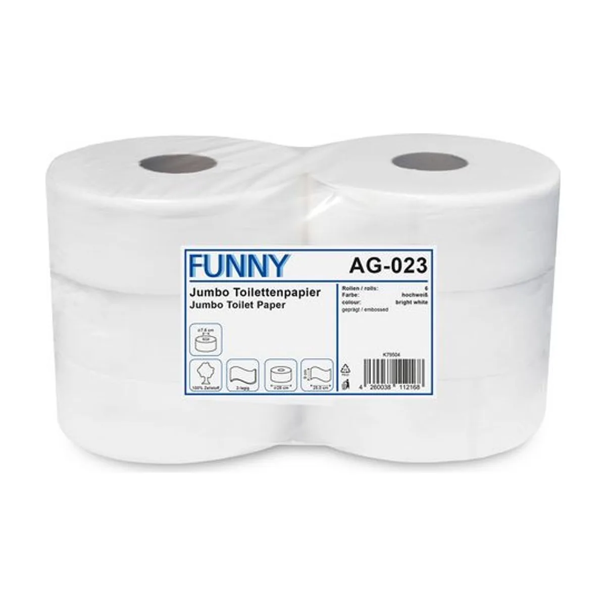 Funny Jumbo Toilettenpapier, 2-lagig, hochweiß, Ø28 cm, Zellstoff – FUNNY – Jumbo-Toilettenpapier