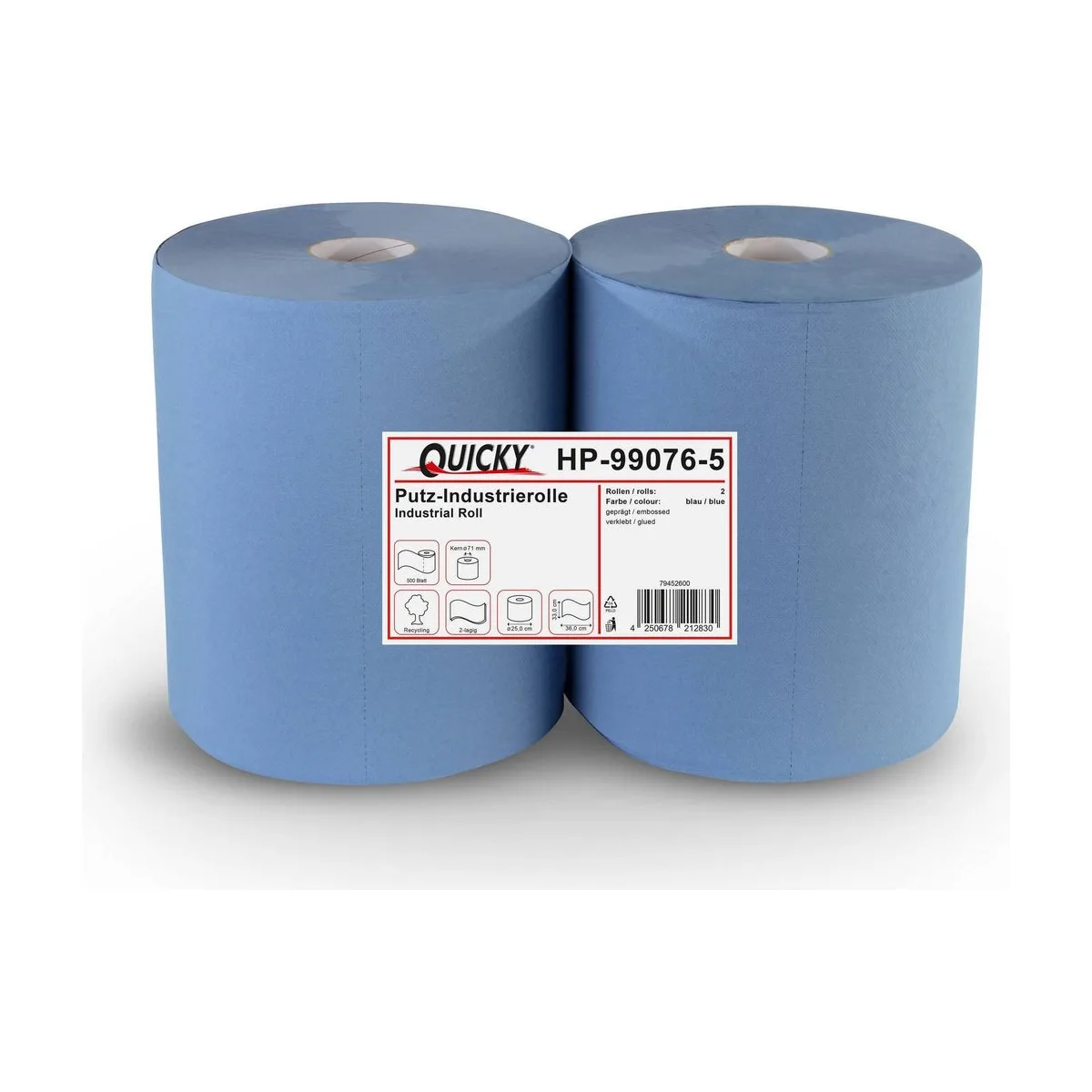 Quicky Putzpapier-Rolle, 2-lagig, Rec. blau, 500 Blatt, 2 Rollen – QUICKY – Industriepapierrollen