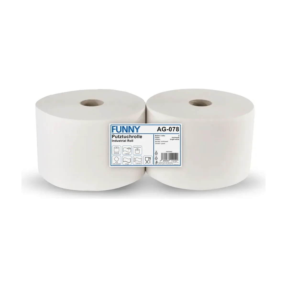 Weisse Putztuchrolle 2-lagig | 100% Zellstoff, 2 Rollen/VE – FUNNY – Industriepapierrollen