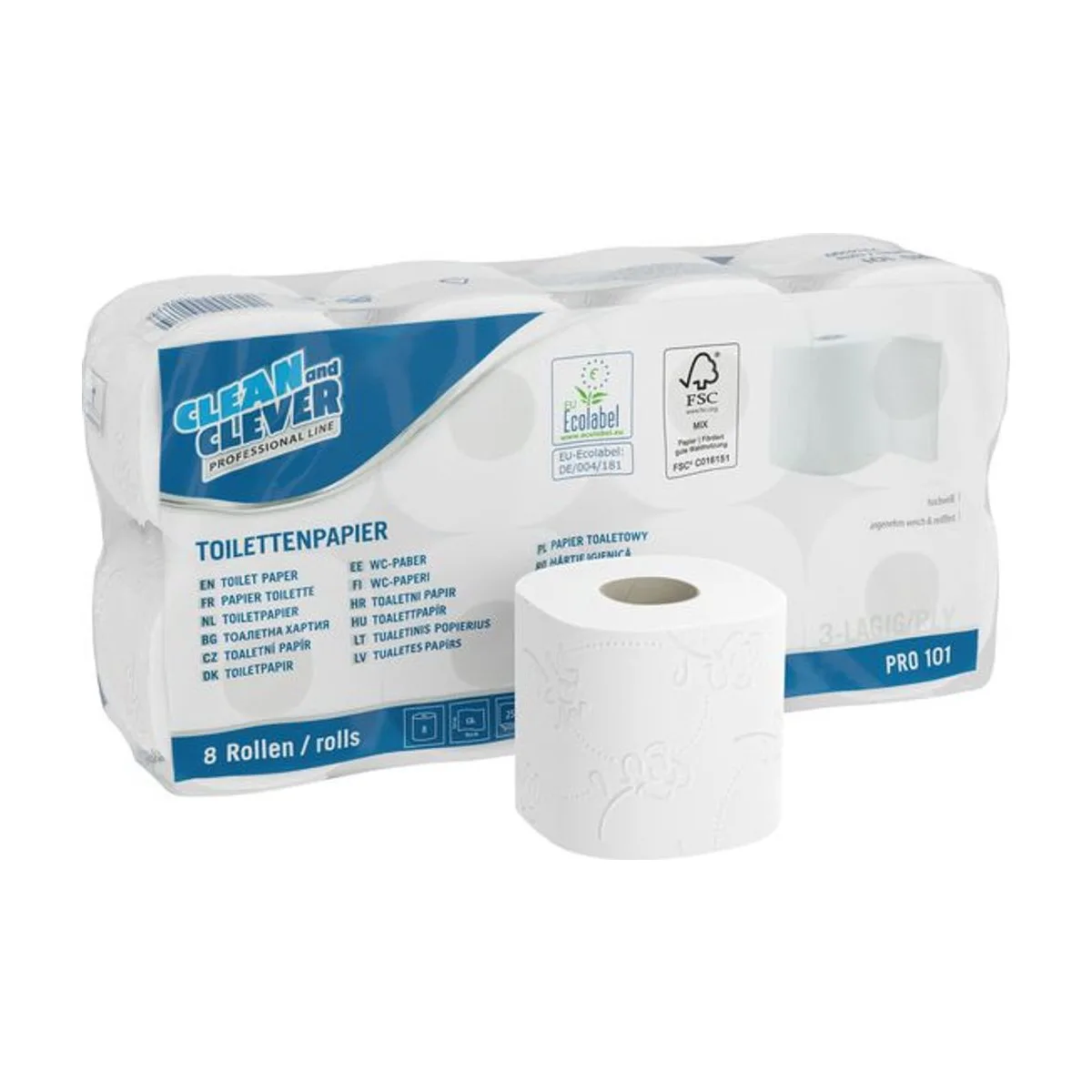 PRO101 Toilettenpapier hochweiß 3-lagig 8 x 8 Rollen à 250 Blatt Zellstoff-Mix – CLEAN and CLEVER PROFESSIONAL – Kleinrollen