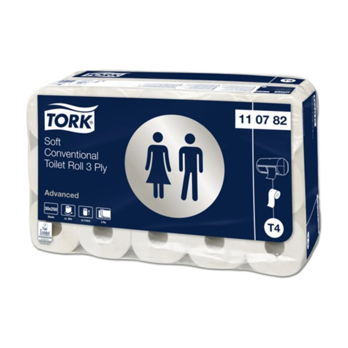 Tork Kleinrollen Toilettenpapier Weiß T4, 3-lagig – 30 Rollen à 250 Blatt