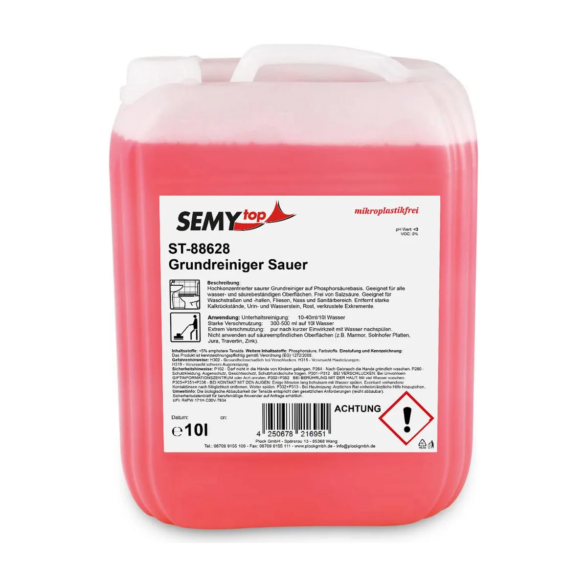 Grundreiniger Sauer, 10 Liter, hochkonzentrierter saurer Grundreiniger auf Phosphorsäurebasis – SemyTop – Sanitärreiniger