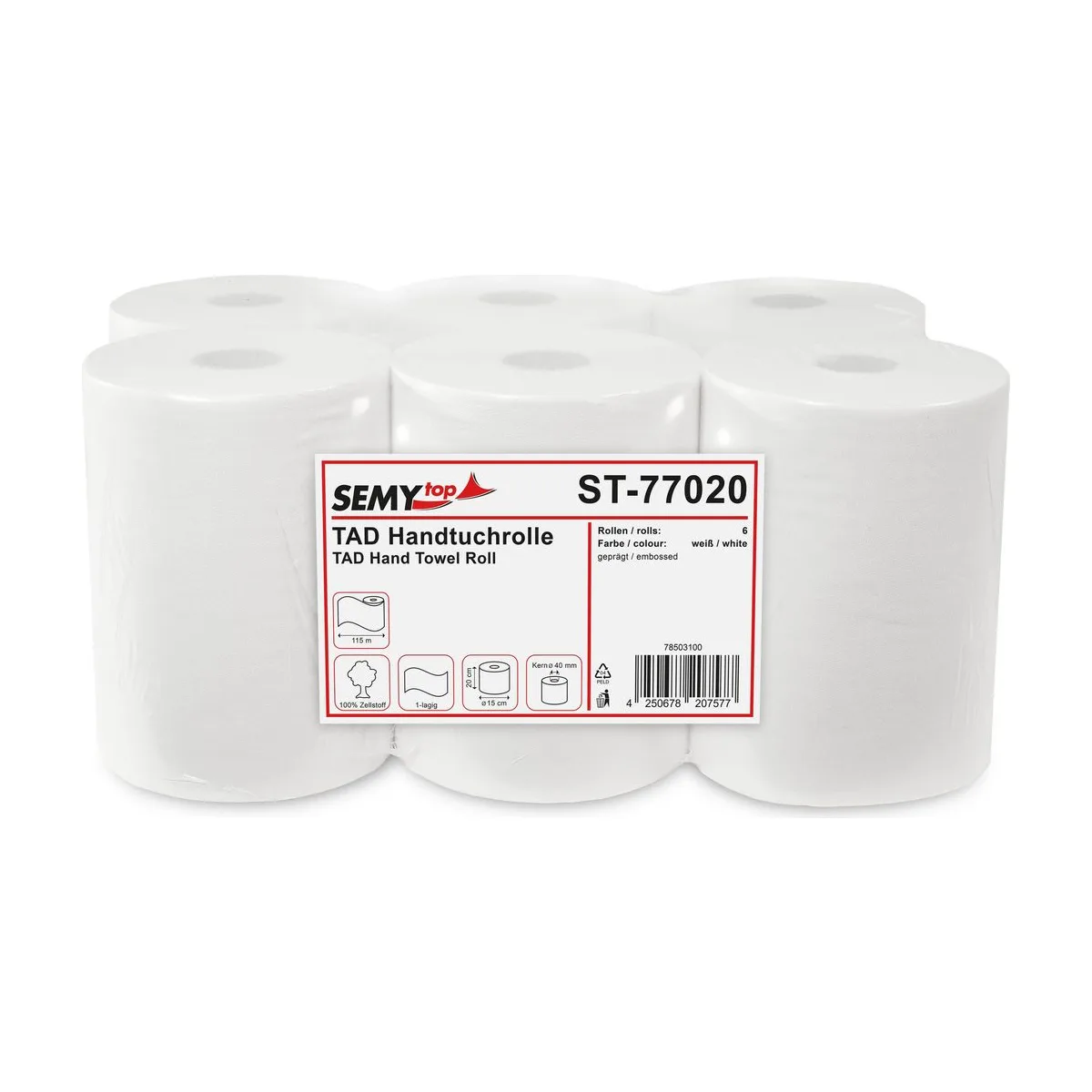 SemyTop Handtuchpapier-Rolle, TAD, 20cm, 1-lg, weiß – SemyTop – Autocut-Rollen