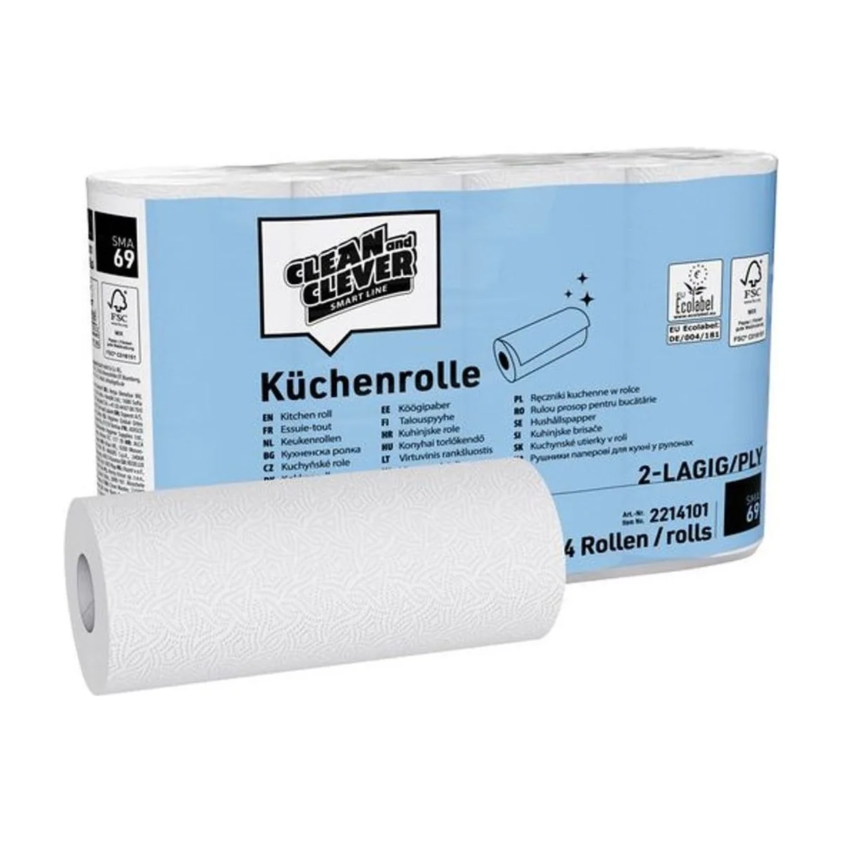 SMA69 Küchenrolle hochweiß 2-lagig 23 x 22 cm 64 Blatt/Rolle 4 Rollen Zellstoff – CLEAN and CLEVER SMART – Küchenrollen