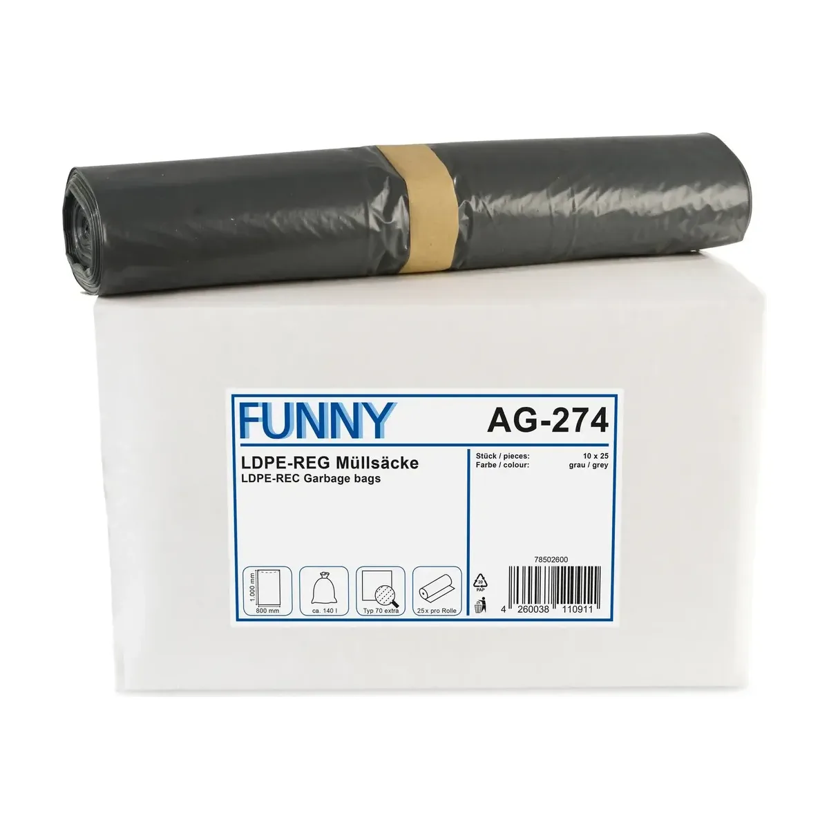 Funny LDPE-Regenerat Müllsäcke, grau, Typ 70 - 140 l - 250 Stück – Funny – Müllsäcke