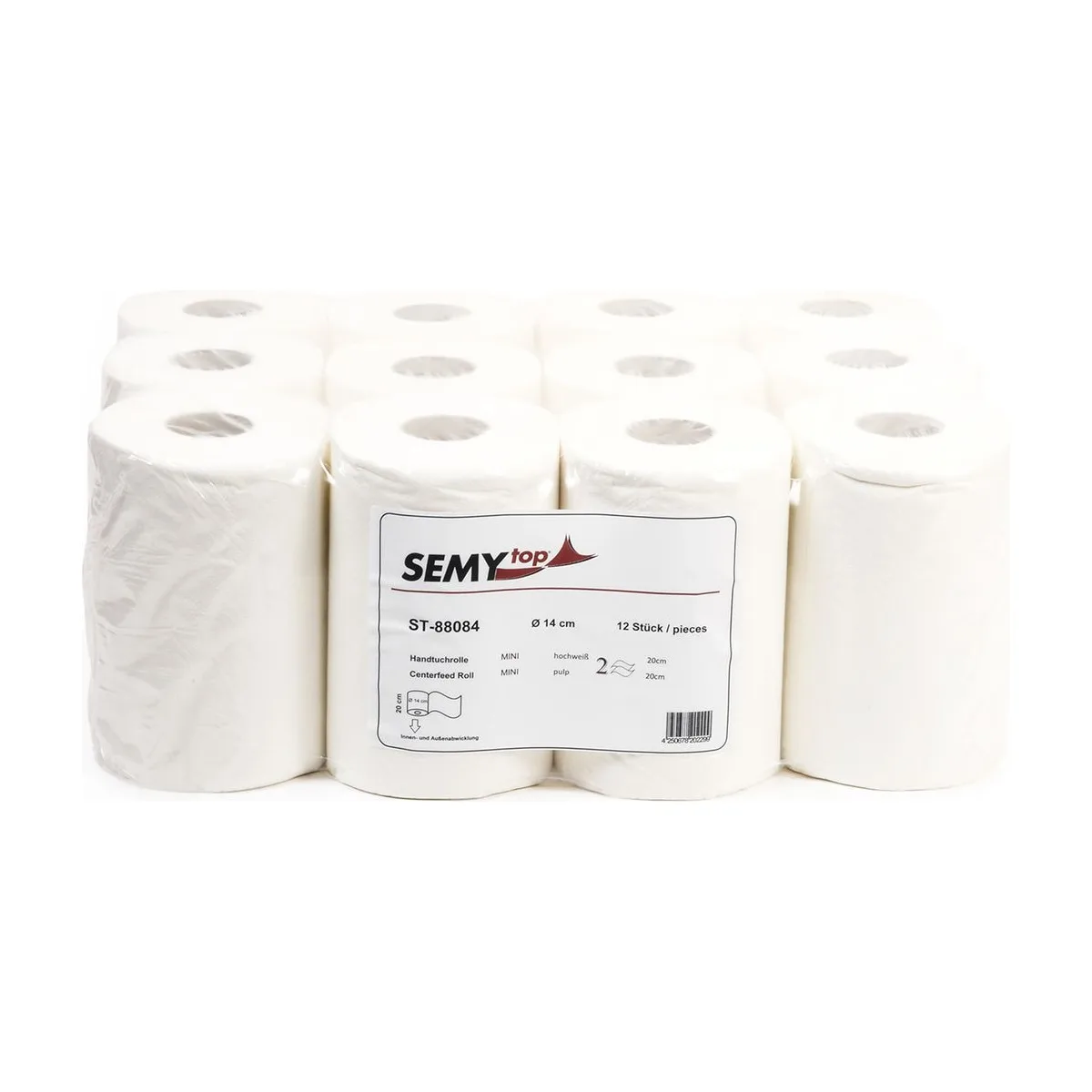 SemyTop Handtuchrolle, 2-lagig, 100% Zellstoff, 12 Rollen, hochweiß – SemyTop – Innenzugrollen