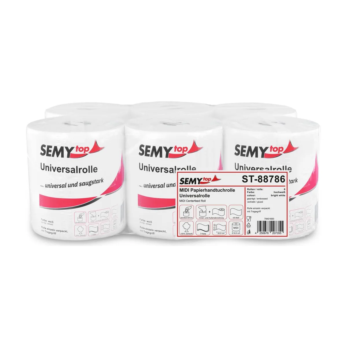 SemyTop MIDI Universal Papierhandtuchrolle, 3-lagig, 100% Zellstoff, weiß, 20 cm breit, Ø 19 cm – SemyTop – Innenzugrollen