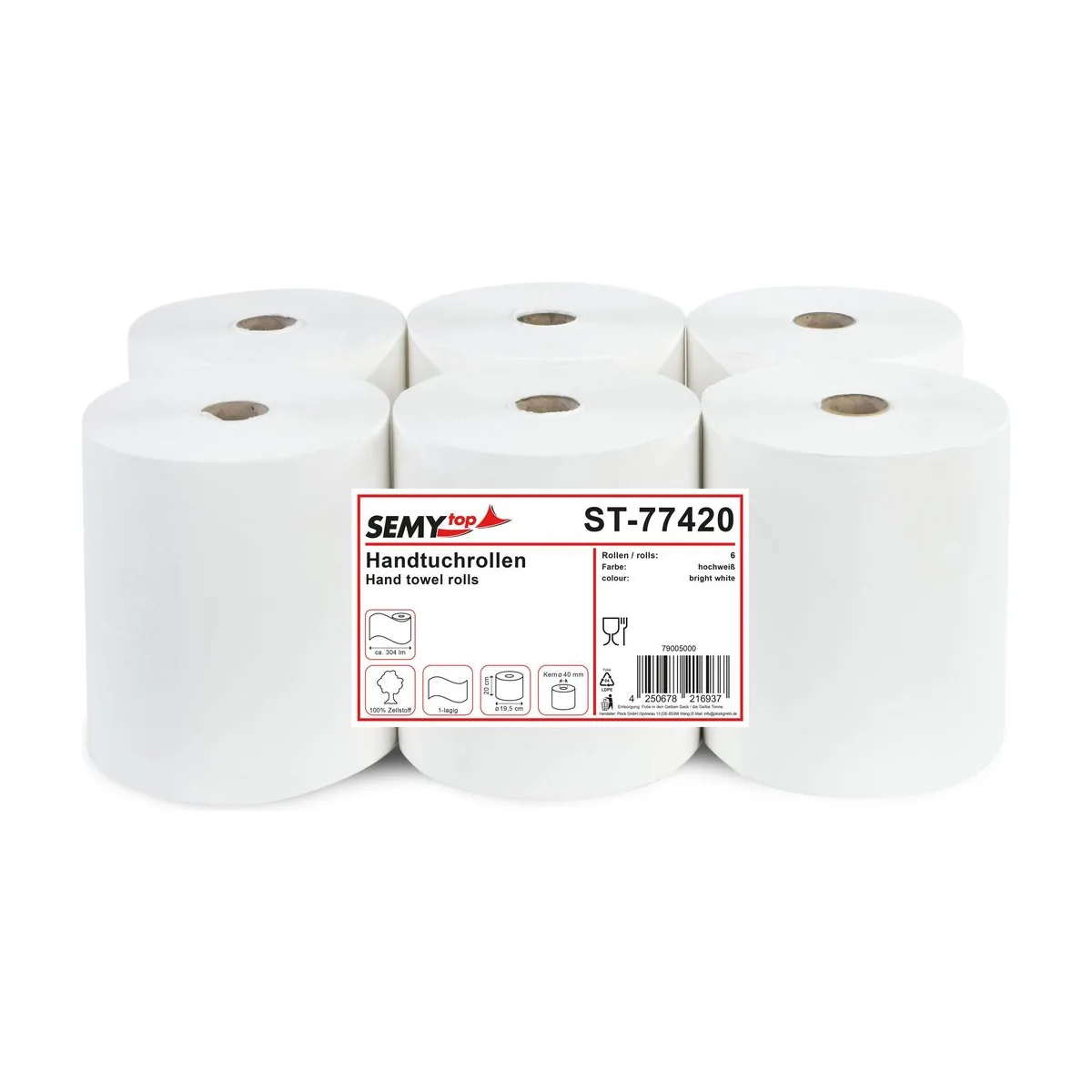 Handtuchrolle, Ø19,5x20cm, 1-lagig, Zellstoff, hochweiß, 6 Rollen – SemyTop – Autocut-Rollen