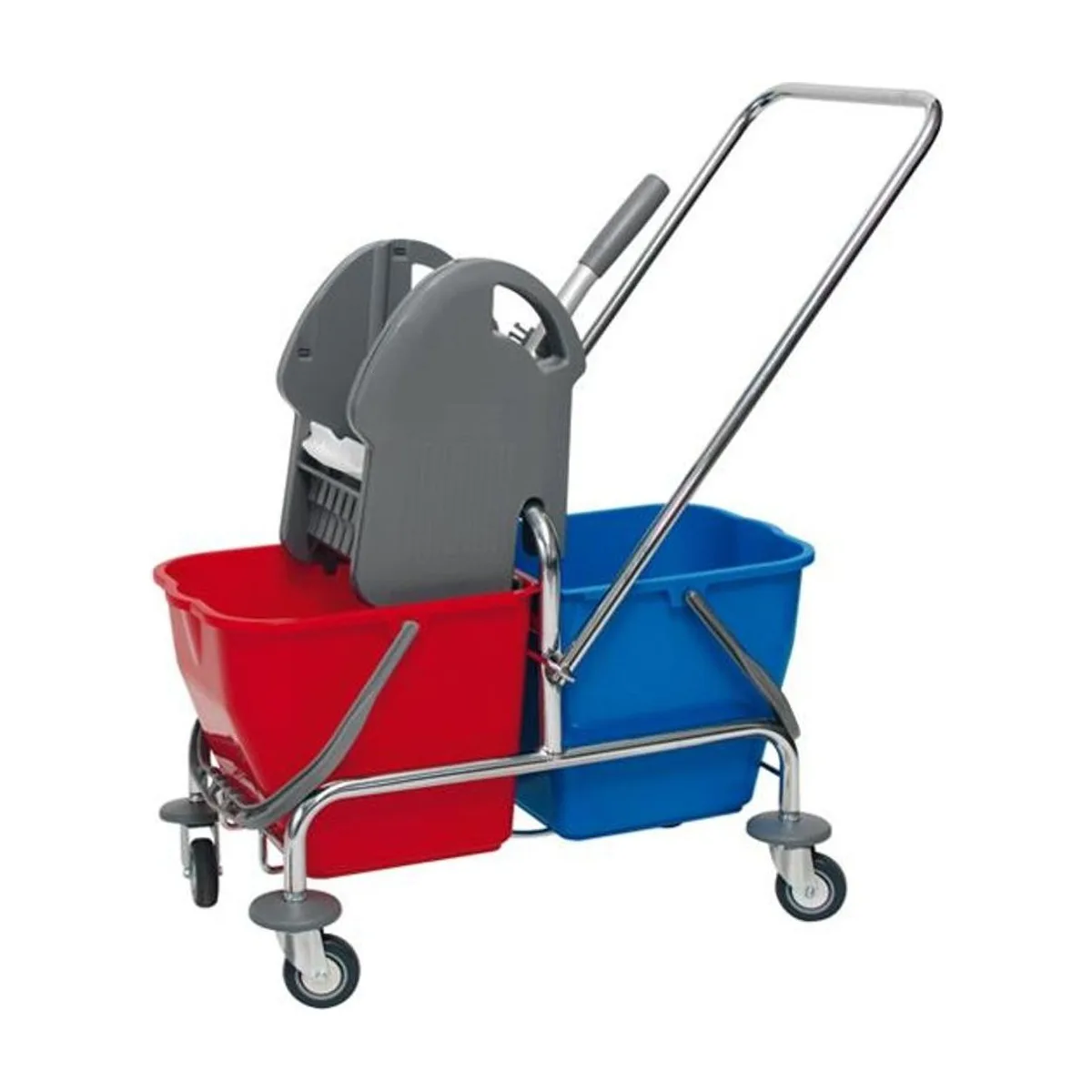 Doppelfahreimer 2 x15 l verchromt mit Presse + Deichsel – CLEAN and CLEVER – Reinigungswagen