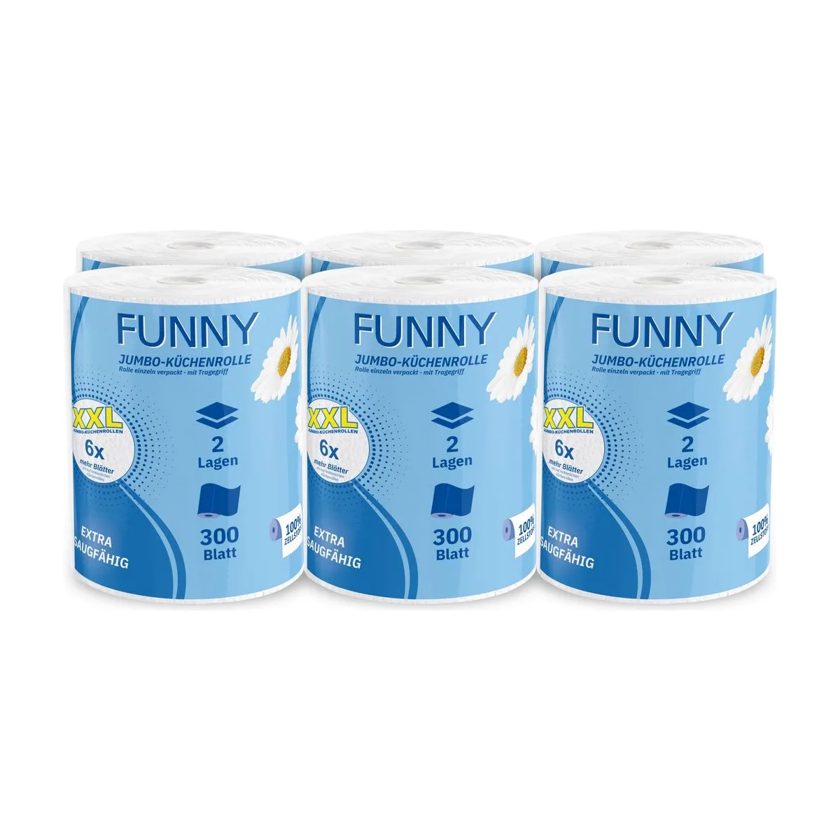 Jumbo-Küchenrollen 2-lagig, 300 Blatt, Zellstoff hochweiß, 6 Rollen – FUNNY – Küchenrollen