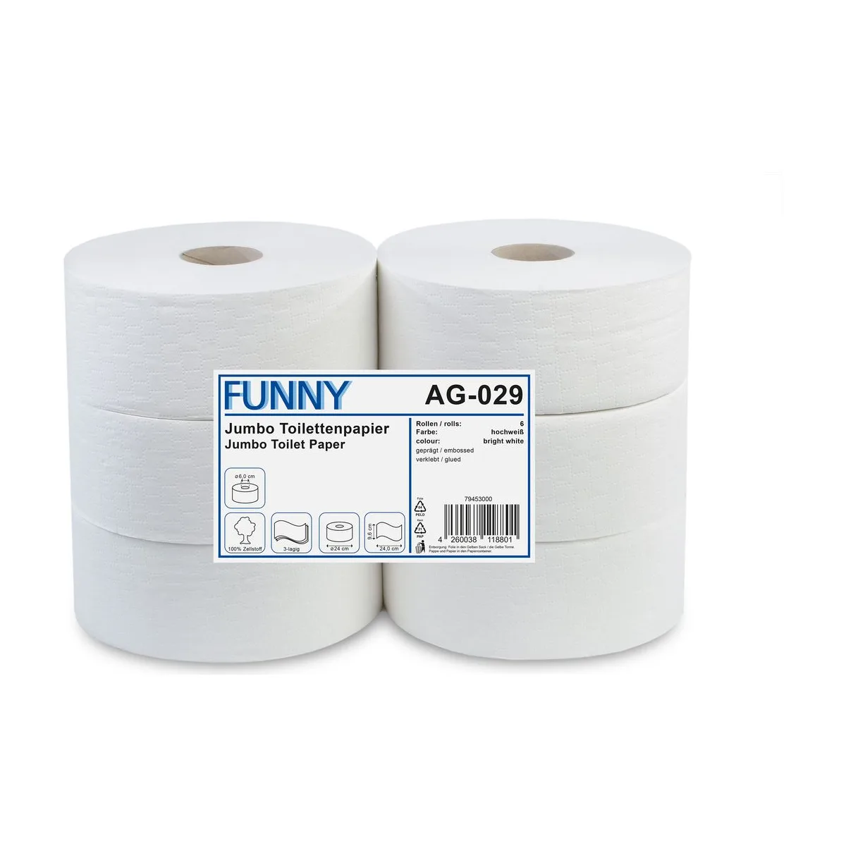 Jumbo-Toilettenpapier, 3-lagig, Zellstoff weiß, Ø 24 cm, 6 Rollen – FUNNY – Jumbo-Toilettenpapier
