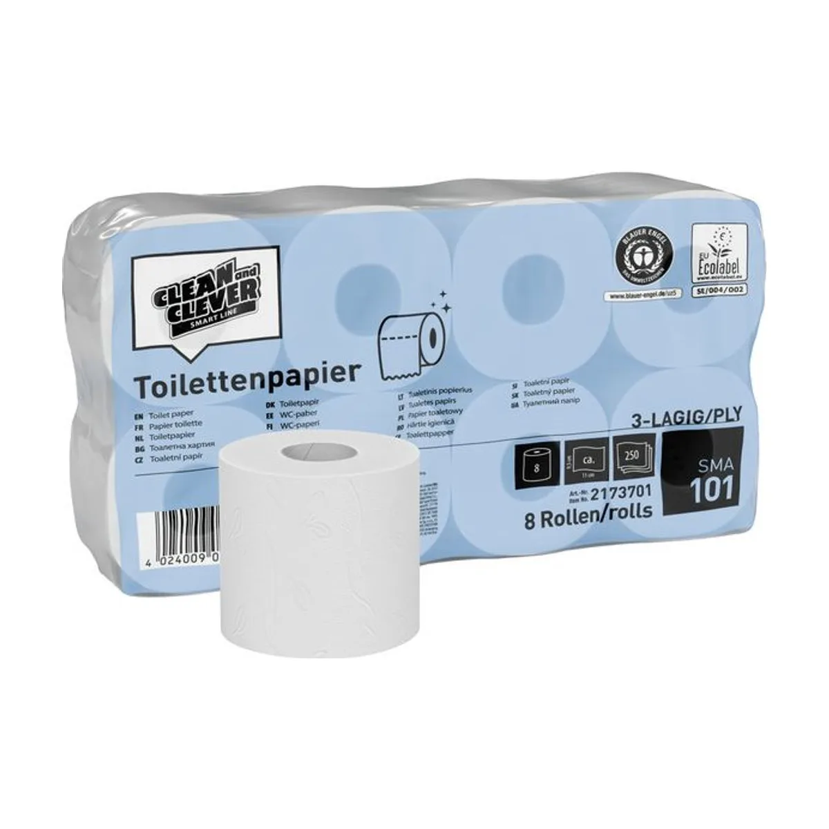SMA101 Toilettenpapier weiß 3-lagig 8 x 8 Rollen à 250 Blatt Recycling – CLEAN and CLEVER SMART – Kleinrollen