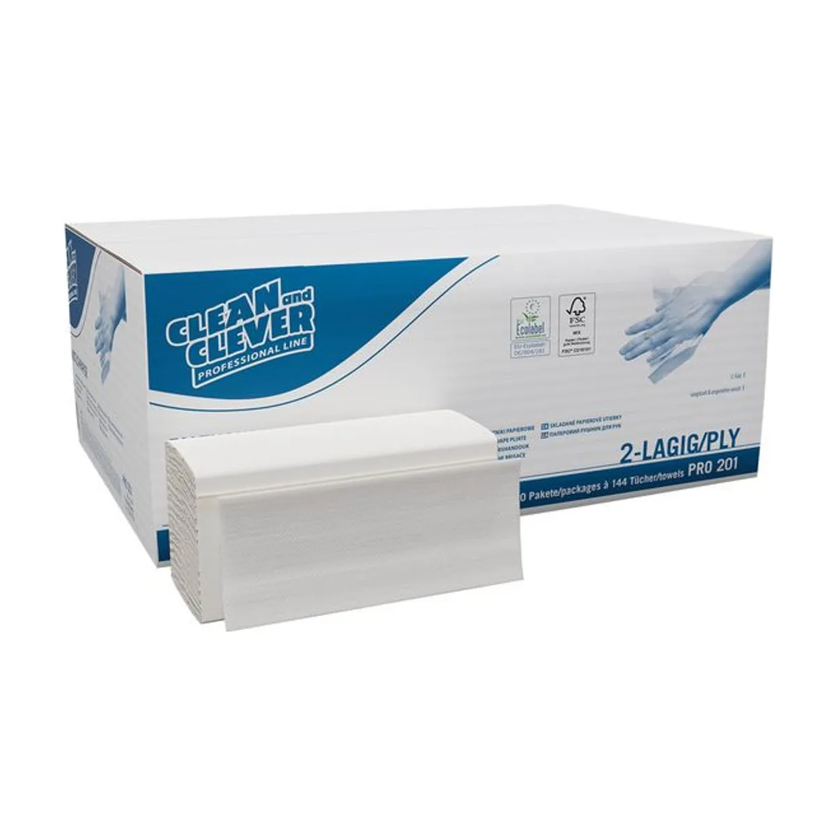 PRO201 Falthandtuch 23 x 32 cm hochweiß 2-lagig C-Falz 20 x 144 Tücher Zellstoff – CLEAN and CLEVER PROFESSIONAL – C-Falz