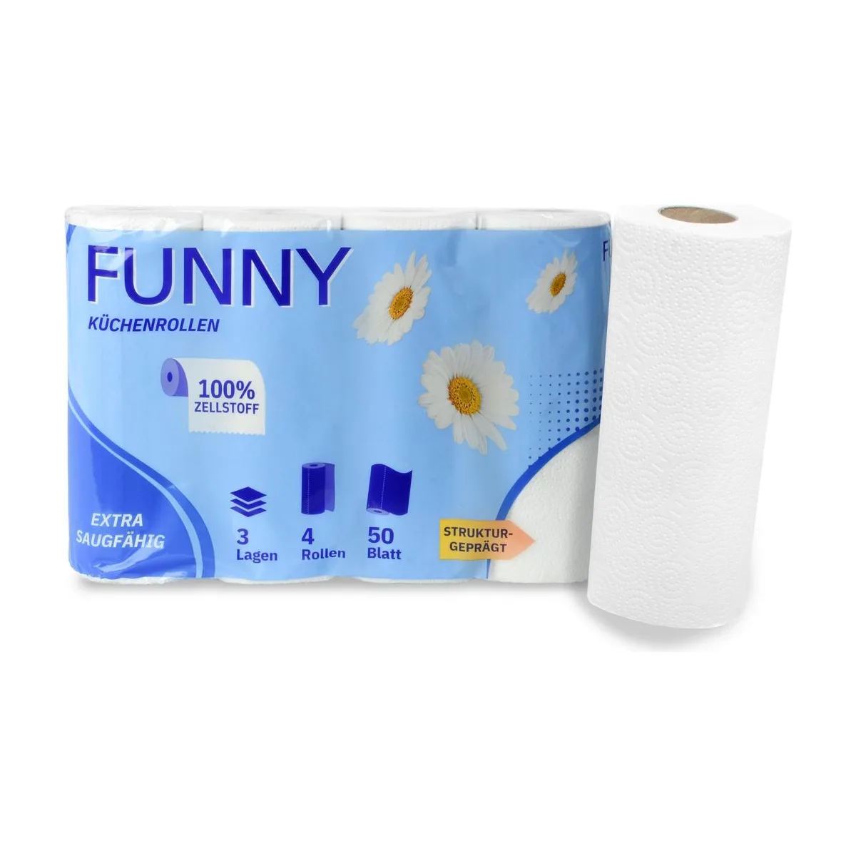 Küchenrollen, 3‑lagig, Zellstoff, hochweiß, 26 x 21 cm | Großpackung – FUNNY – Küchenrollen