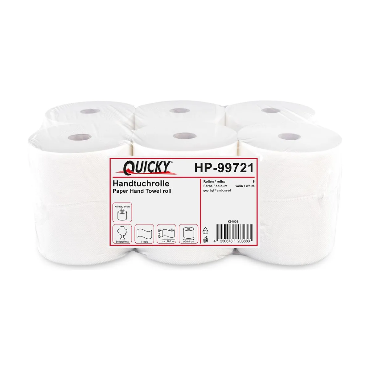 Quicky Handtuchrolle, 1-lagig, Zellstoffmix, 6 Rollen – QUICKY – Papierhandtuchrollen