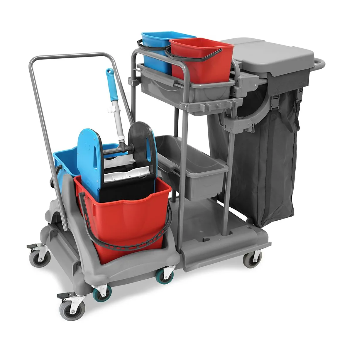 SemyTop Kombi-Doppelfahrwagen, 2 x 5l + 2 x 18l Eimer, Mopp-Presse, 100l Leinentasche – SemyTop – Reinigungszubehör