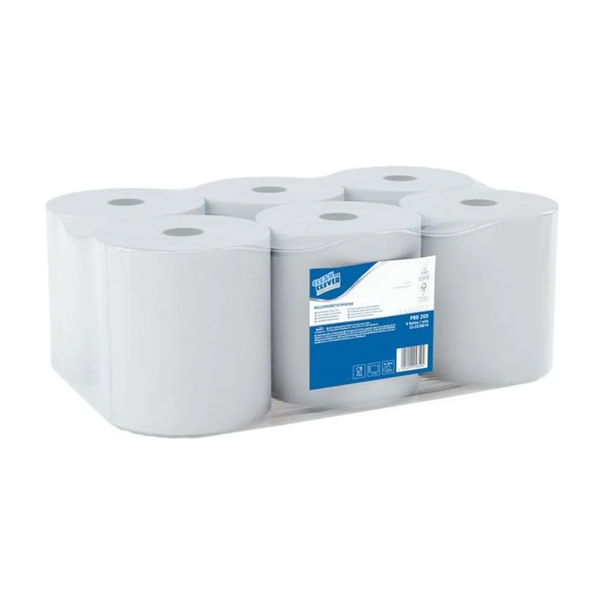 PRO205 Rollenhandtuchpapier 2-lagig hochweiß Zellstoff Autocut 6 Rollen à 140m – CLEAN and CLEVER PROFESSIONAL – Autocut-Roll