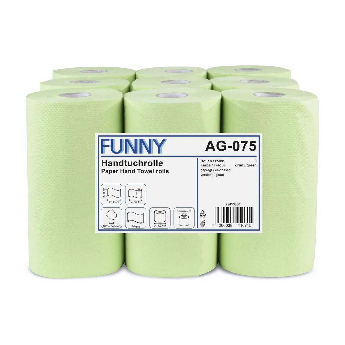 Funny Handtuchrolle 2-lagig, grün, 9 Rollen – FUNNY – Papierhandtuchrollen