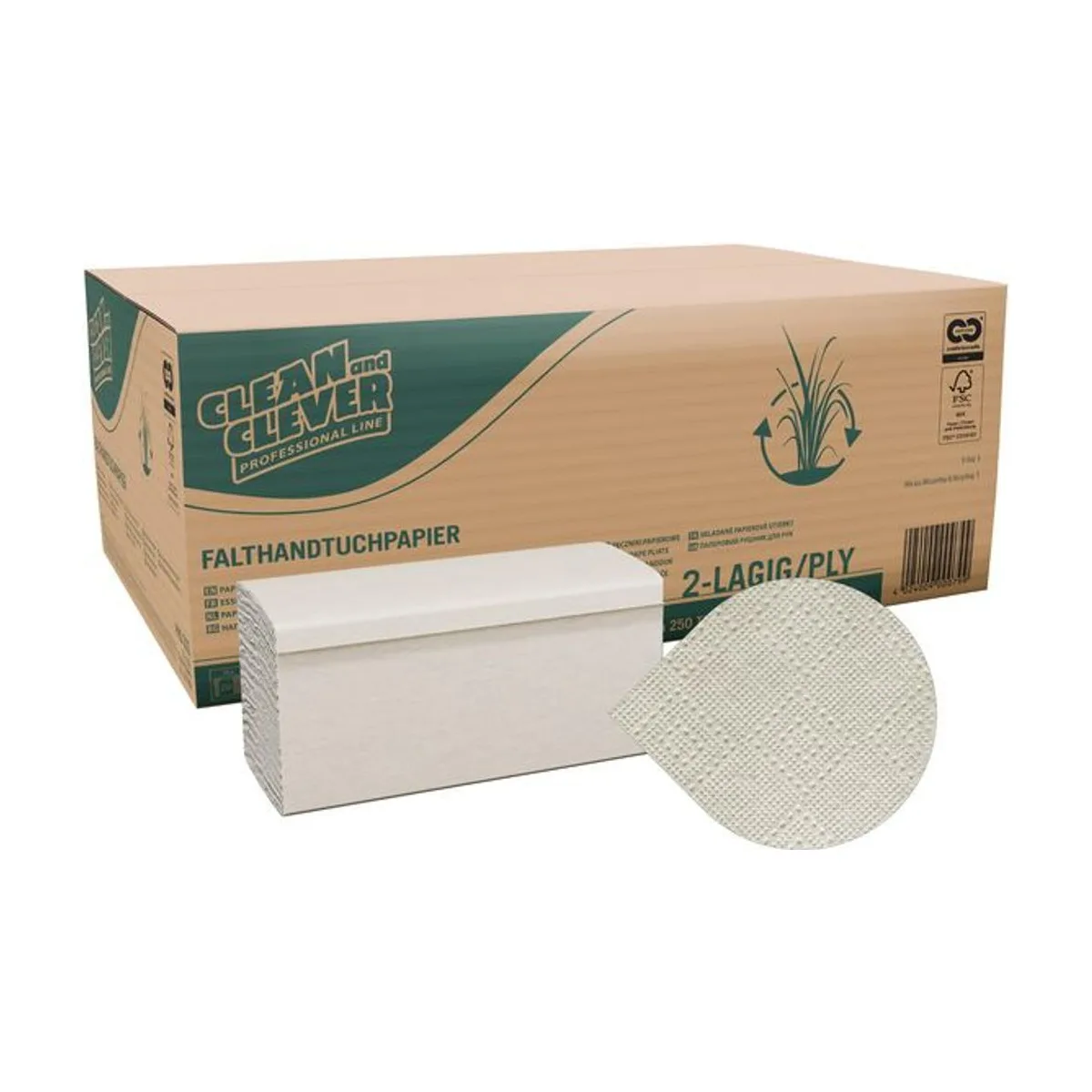 PRO203 Falthandtuch 23 x 23 cm naturbeige 2-lagig V-Falz 15 x 250 Tücher Miscanthus Mix – CLEAN and CLEVER PROFESSIONAL – V-F