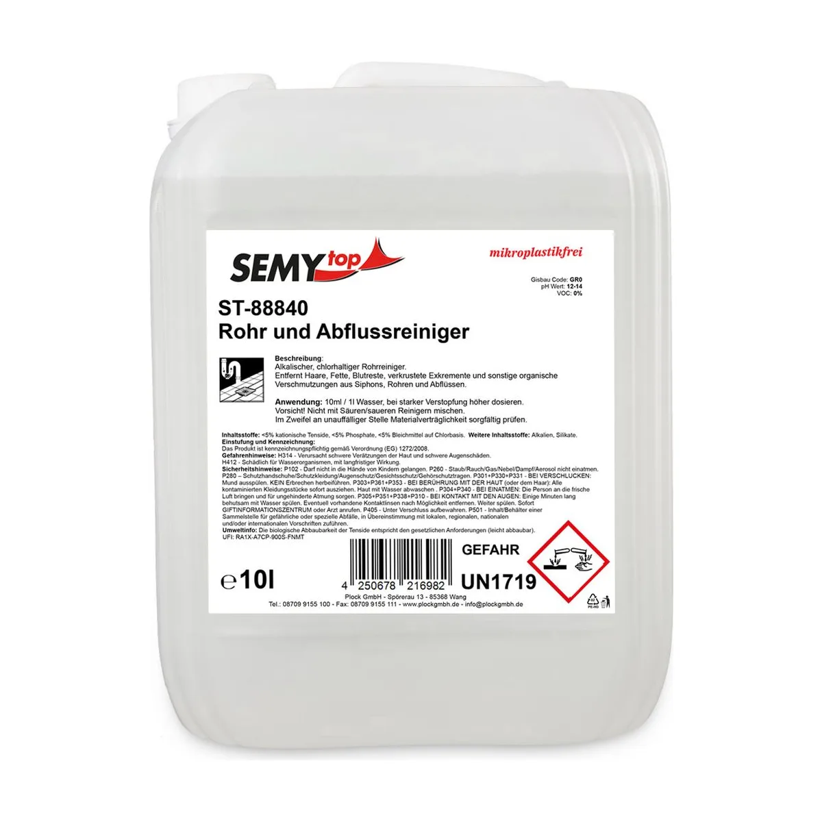 Rohr und Abflussreiniger, 10 Liter, Alkalischer, chlorhaltiger Rohrreiniger – SemyTop – Sanitärreiniger