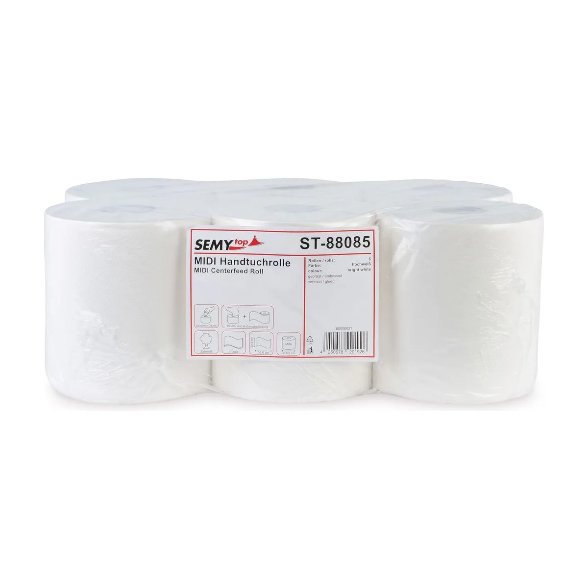 SemyTop Handtuchrolle 2-lagig, MIDI, Zellstoff, 6 Rollen – SemyTop – Innenzugrollen