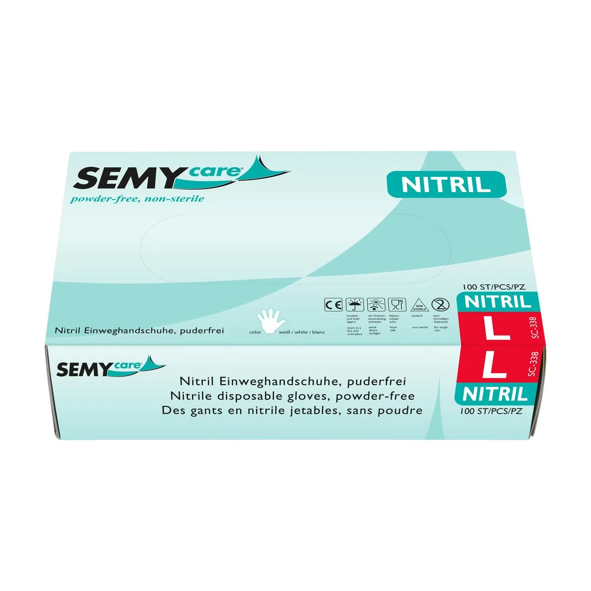 SemyCare Nitril-Einweghandschuhe L, weiß, puderfrei – SemyCare – Nitril