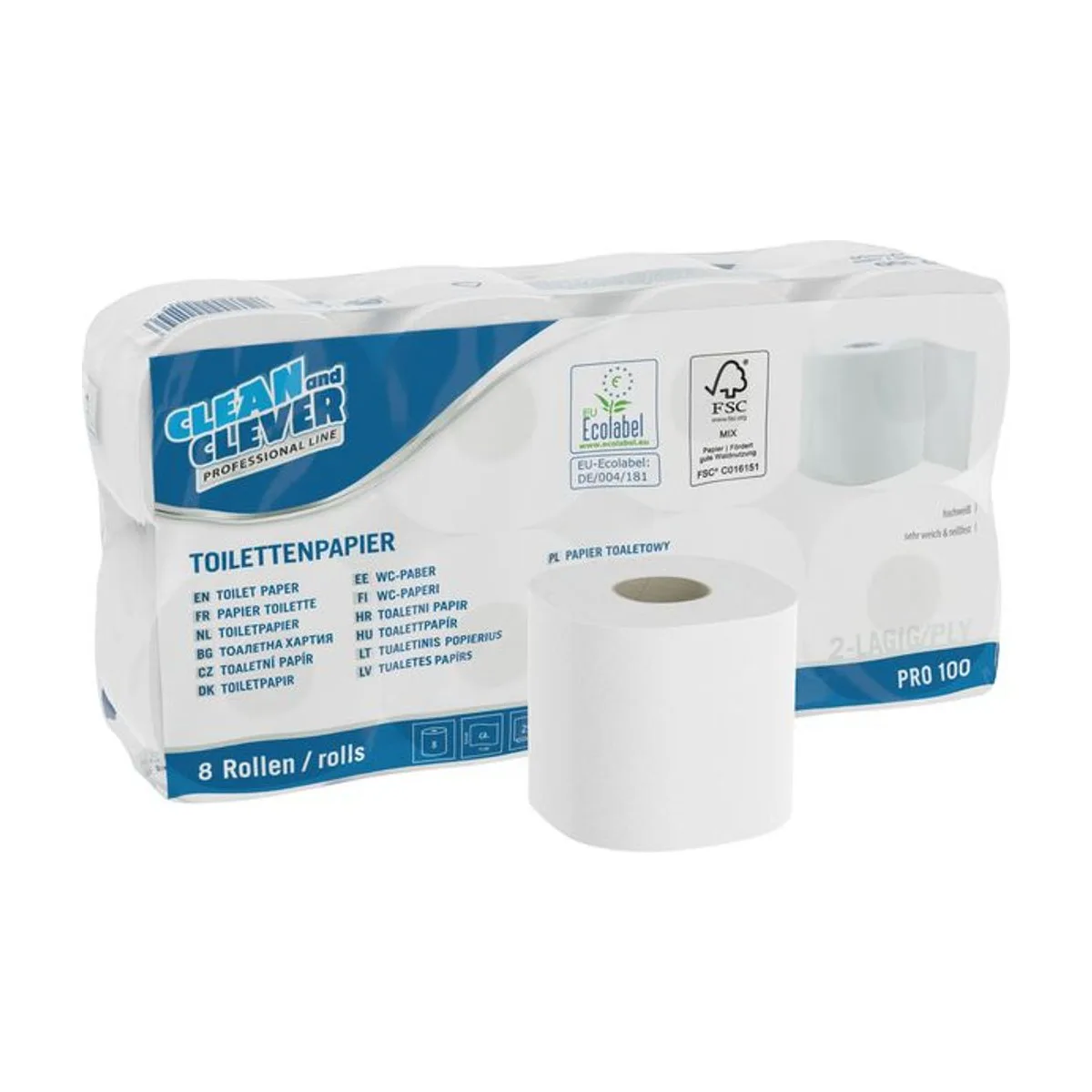 PRO100 Toilettenpapier hochweiß 2-lagig 8 x 8 Rollen à 250 Blatt Zellstoff-Mix – CLEAN and CLEVER PROFESSIONAL – Kleinrollen