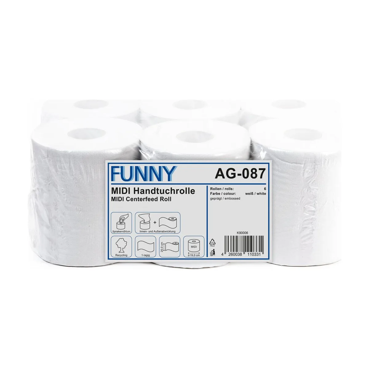 Funny Handtuchrolle MIDI, Recycling, 6 Rollen – FUNNY – Innenzugrollen