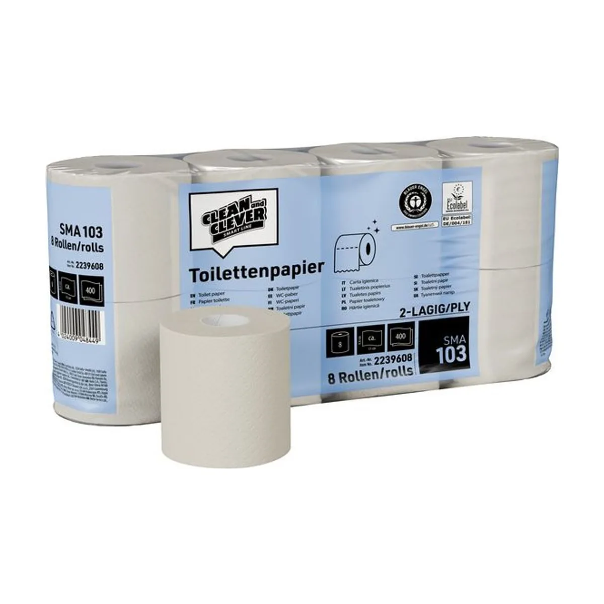 SMA103 Toilettenpapier weiß 2-lagig 6 x 8 Rollen à 400 Blatt Recycling – CLEAN and CLEVER SMART – Kleinrollen