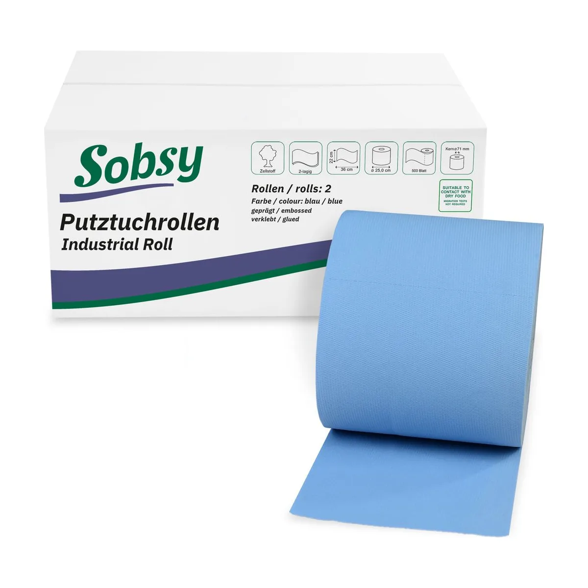 Sobsy Industrierolle, 2-lg., Ø 25 cm, 22x36 cm, Zellstoff, blau – Sobsy – Industriepapierrollen