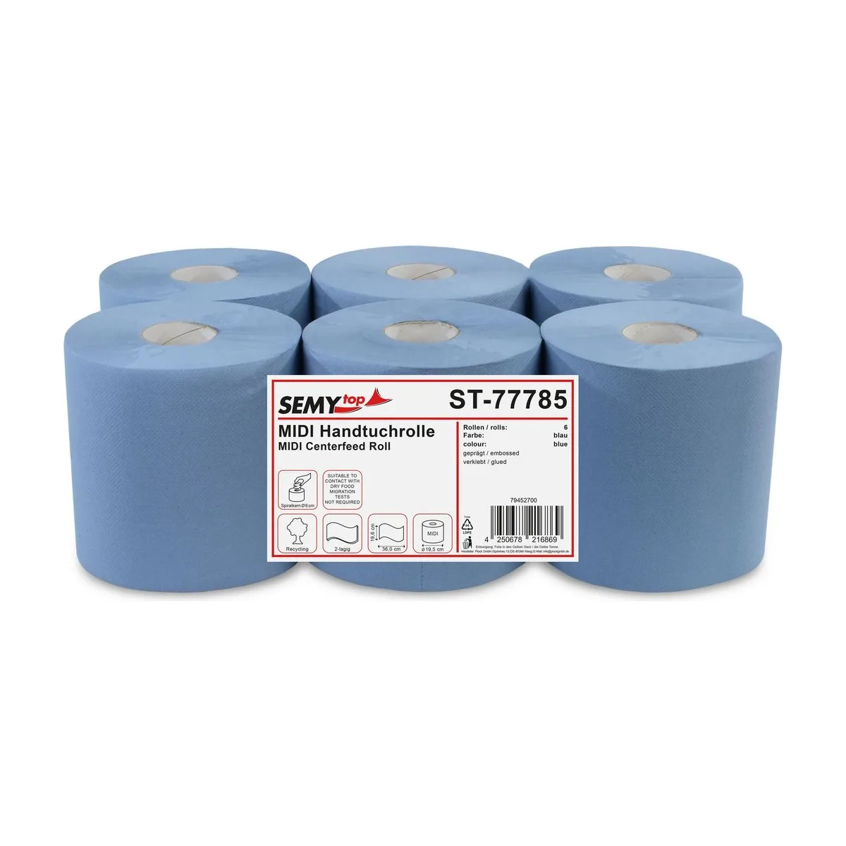 Blaue Handtuchrolle, 2-lagig, MIDI, Recycling, 6 Rollen – SemyTop – Innenzugrollen