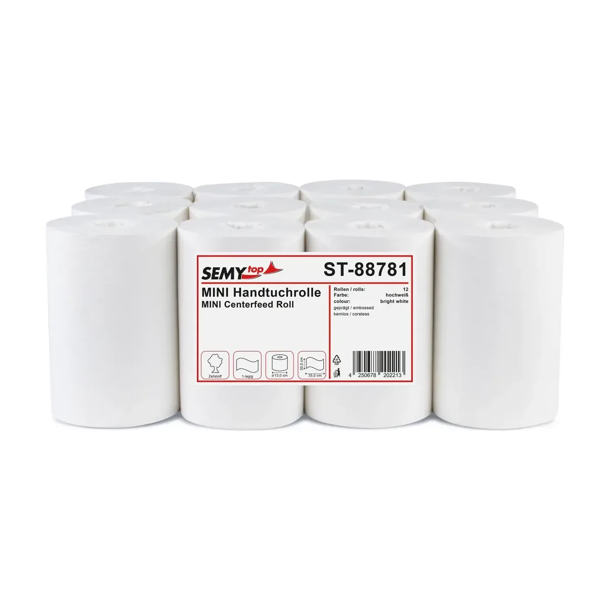 Handtuchrolle MIDI KERNLOS, 1-lagig, Zellstoff weiß, Ø 20 cm, 6 Rollen, Innenabwicklung, Breite 20 cm – SemyTop – Innenzugrol