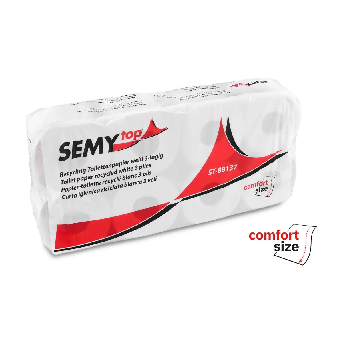 SemyTop Toilettenpapier, 3-lg, Recyclingpapier, 250 Blatt extralang – SemyTop – Kleinrollen