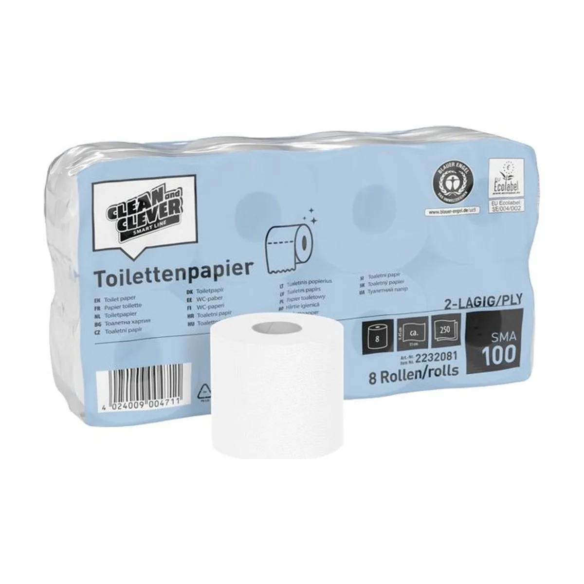 SMA100 Toilettenpapier weiß 2-lagig 8 x 8 Rollen à 250 Blatt Recycling – CLEAN and CLEVER SMART – Kleinrollen