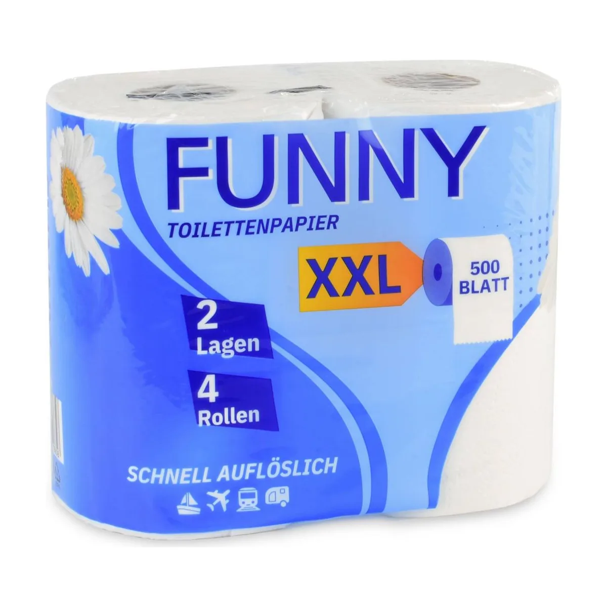 Funny Toilettenpapier – auflösend, 500 Blatt, 2-Lagig, 100% Zellstoff – FUNNY – Kleinrollen