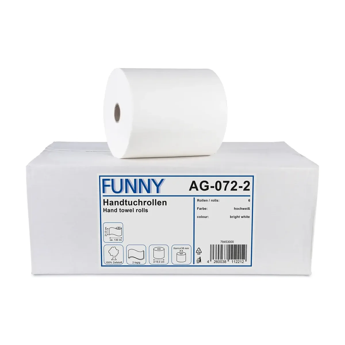 Funny Handtuchrolle Autocut 21 cm, 2-lagig, Ø 19 cm, Zellstoff hochweiß - 6 Rollen – Funny – Autocut-Rollen