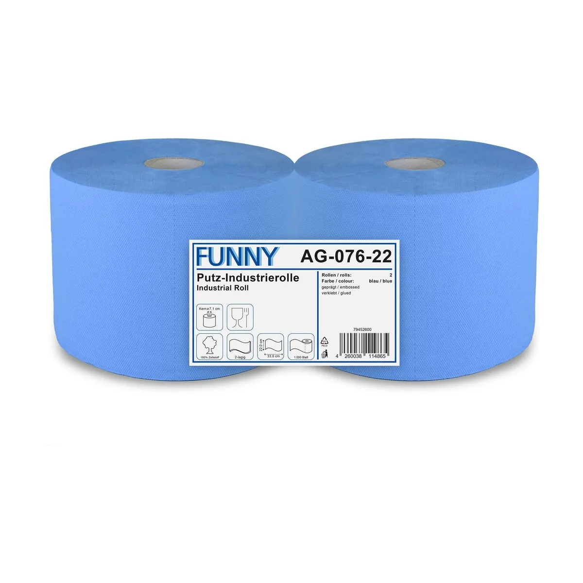 Funny Industriepapierrolle, 2-lagig, Zellstoffmix, geprägt – FUNNY – Industriepapierrollen