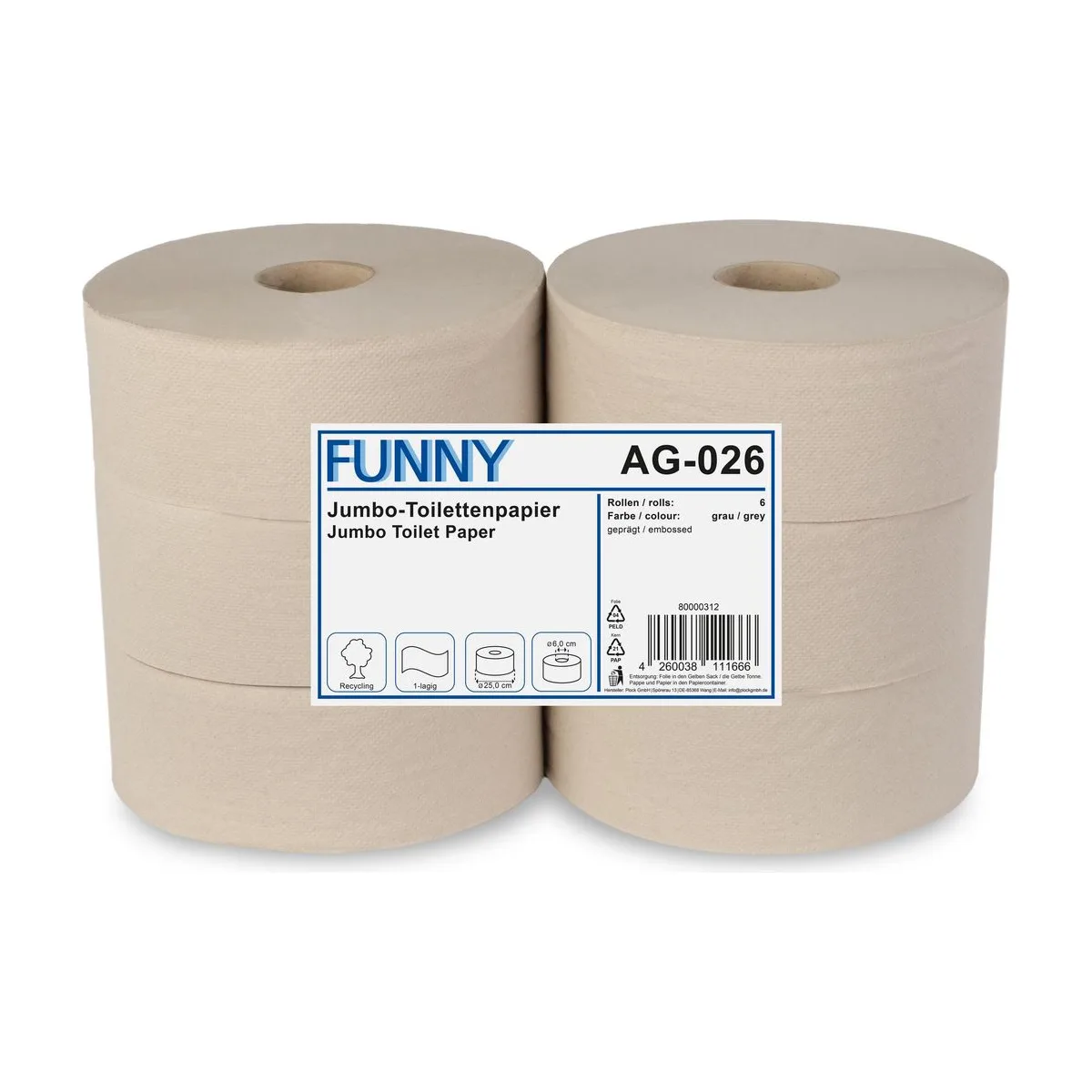 Funny Jumbo Toilettenpapier, 1-lagig, Recycling, geprägt – FUNNY – Jumbo-Toilettenpapier